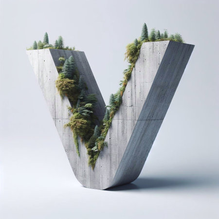 V letter shape 3D Lettering That Blends Concrete With Nature. AI generated illustrationの素材