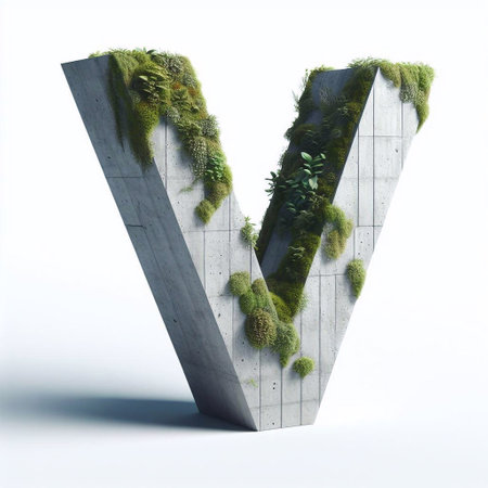V letter shape 3D Lettering That Blends Concrete With Nature. AI generated illustrationの素材