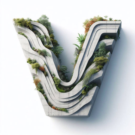 V letter shape 3D Lettering That Blends Concrete With Nature. AI generated illustrationの素材