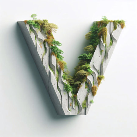 V letter shape 3D Lettering That Blends Concrete With Nature. AI generated illustrationの素材