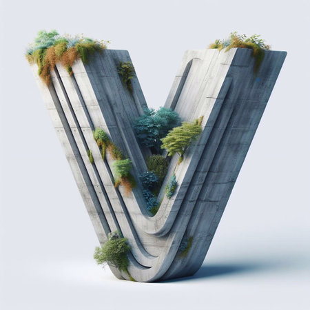 V letter shape 3D Lettering That Blends Concrete With Nature. AI generated illustrationの素材