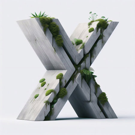 X letter shape 3D Lettering That Blends Concrete With Nature. AI generated illustrationの素材