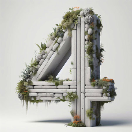 4 digit shape 3D Lettering That Blends Concrete With Nature. AI generated illustrationの素材