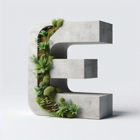 E letter shape 3D Lettering That Blends Concrete With Nature. AI generated illustrationの素材