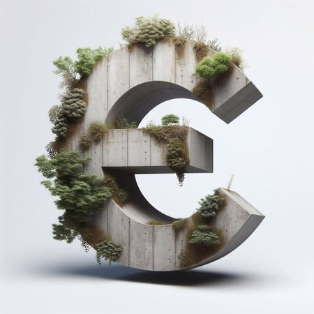 E letter shape 3D Lettering That Blends Concrete With Nature. AI generated illustrationの素材
