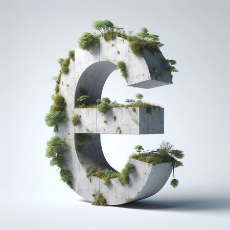 E letter shape 3D Lettering That Blends Concrete With Nature. AI generated illustrationの素材