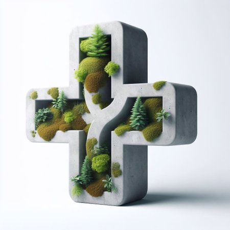 Plus shape 3D Lettering That Blends Concrete With Nature. AI generated illustrationの素材