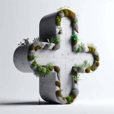 Plus shape 3D Lettering That Blends Concrete With Nature. AI generated illustrationの素材