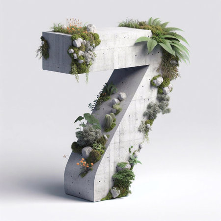 Digit 7 shape 3D Lettering That Blends Concrete With Nature. AI generated illustrationの素材