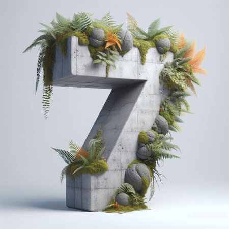 Digit 7 shape 3D Lettering That Blends Concrete With Nature. AI generated illustrationの素材