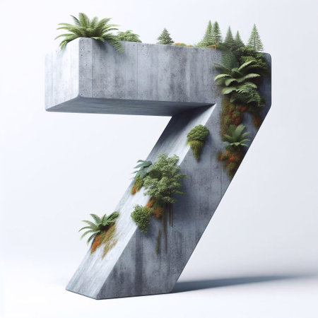 Digit 7 shape 3D Lettering That Blends Concrete With Nature. AI generated illustrationの素材
