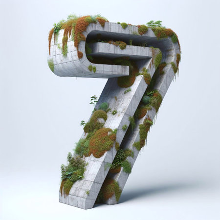 Digit 7 shape 3D Lettering That Blends Concrete With Nature. AI generated illustrationの素材