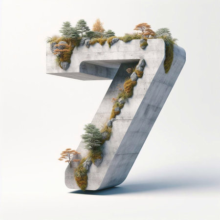 Digit 7 shape 3D Lettering That Blends Concrete With Nature. AI generated illustrationの素材