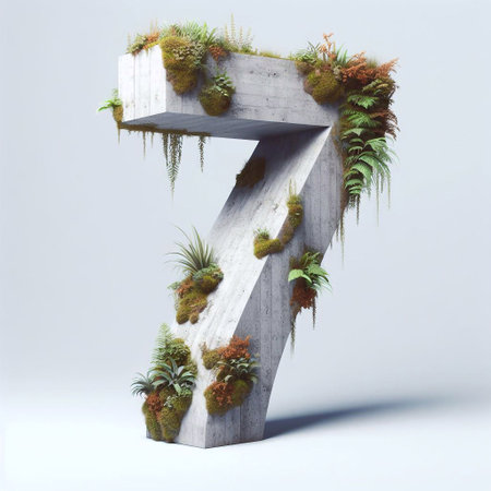 Digit 7 shape 3D Lettering That Blends Concrete With Nature. AI generated illustrationの素材