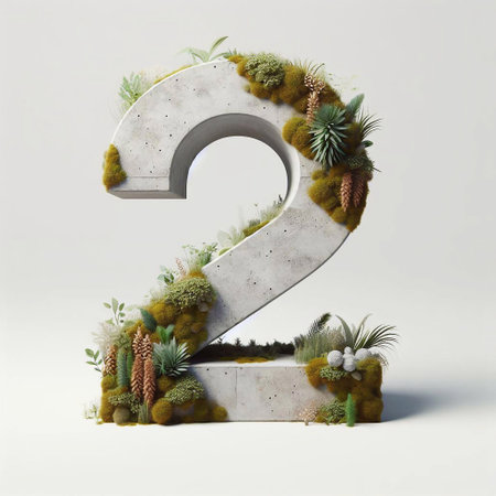 Digit 2 shape 3D Lettering That Blends Concrete With Nature. AI generated illustrationの素材