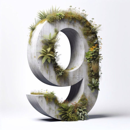 Digit 9 shape 3D Lettering That Blends Concrete With Nature. AI generated illustrationの素材