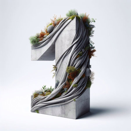 Digit 1 shape 3D Lettering That Blends Concrete With Nature. AI generated illustrationの素材