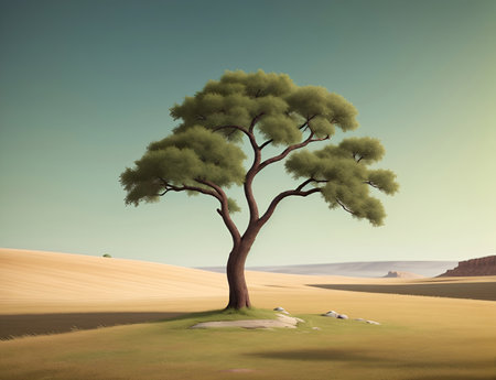 Green tree in the Barren land landscape. AI generated illustrationの素材
