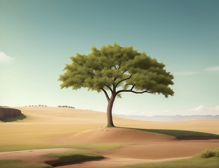 Green tree in the Barren land landscape. AI generated illustrationの素材