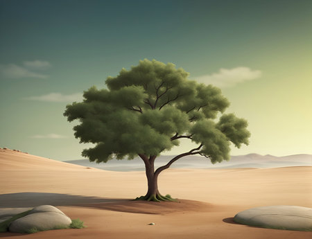 Green tree in the Barren land landscape. AI generated illustrationの素材