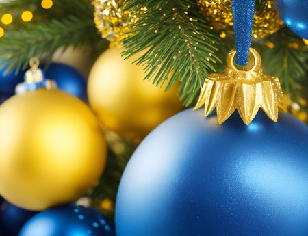 Blue and yellow Xmas balls. AI generated illustrationの素材