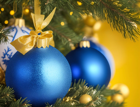 Blue and yellow Xmas balls. AI generated illustrationの素材
