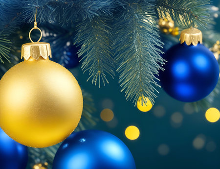 Blue and yellow Xmas balls. AI generated illustrationの素材