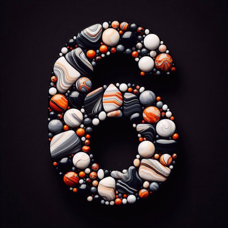 Digit 6 shape made of marble pebbles. AI generated illustrationの素材
