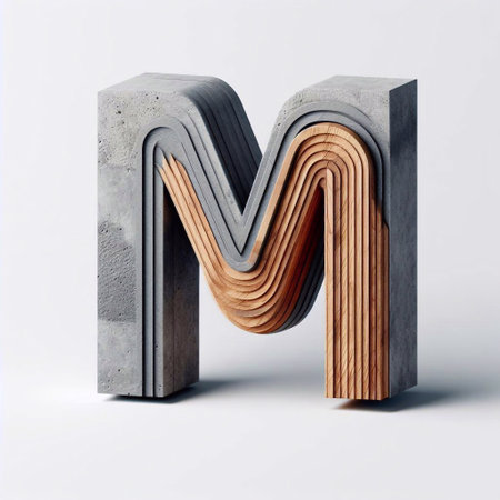 M letter shape created from concrete and wood. AI generated illustrationの素材