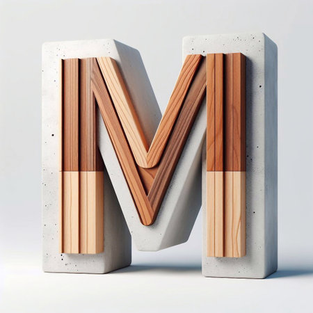 M letter shape created from concrete and wood. AI generated illustrationの素材