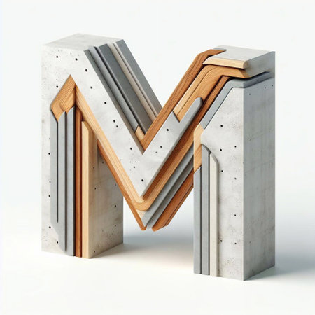 M letter shape created from concrete and wood. AI generated illustrationの素材