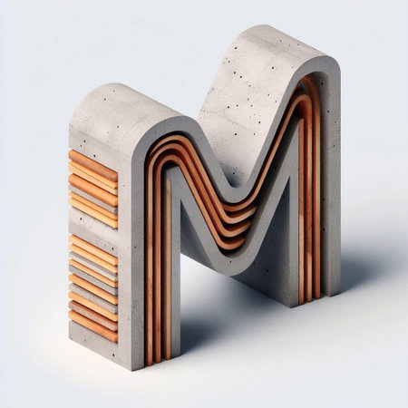 M letter shape created from concrete and wood. AI generated illustrationの素材