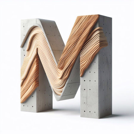 M letter shape created from concrete and wood. AI generated illustrationの素材