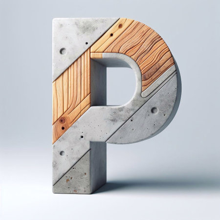 P letter shape created from concrete and wood. AI generated illustrationの素材