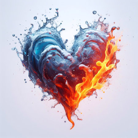 Heart shape what blends water and flame. AI generted illustrationの素材