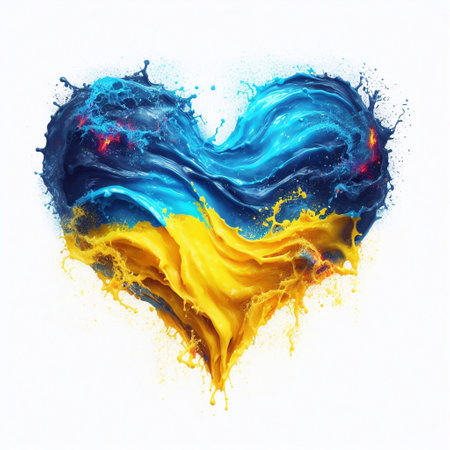 Heart shape Ukraine flag what Splash of water and flame. AI generated illustrationの素材