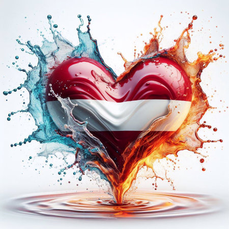 Heart shape Latvia flag what Splash of water and flame. AI generated illustrationの素材