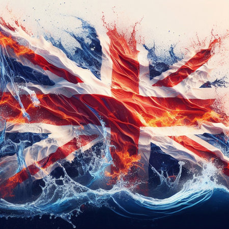United Kingdom flag what Splash of water and flame. AI generated illustrationの素材