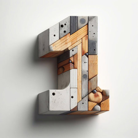 1 digit shape created from concrete and wood. AI generated illustrationの素材