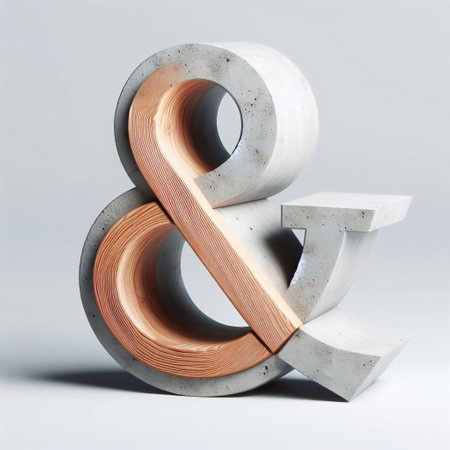 Ampersand mark shape created from concrete and wood. AI generated illustrationの素材