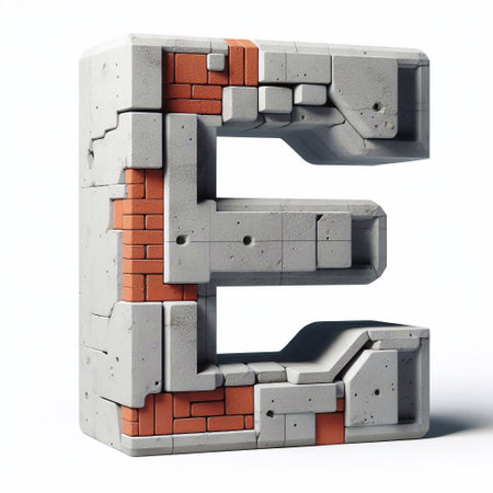 E letter shape created from concrete and briks. AI generated illustrationの素材