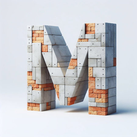 M letter shape created from concrete and briks. AI generated illustrationの素材