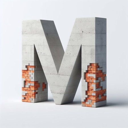 M letter shape created from concrete and briks. AI generated illustrationの素材