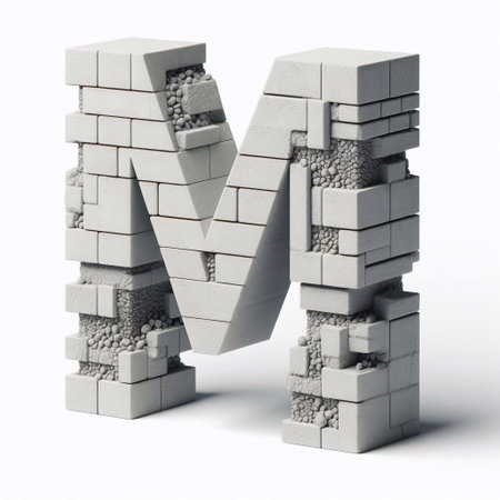 M letter shape created from concrete and briks. AI generated illustrationの素材