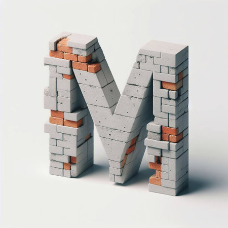 M letter shape created from concrete and briks. AI generated illustrationの素材