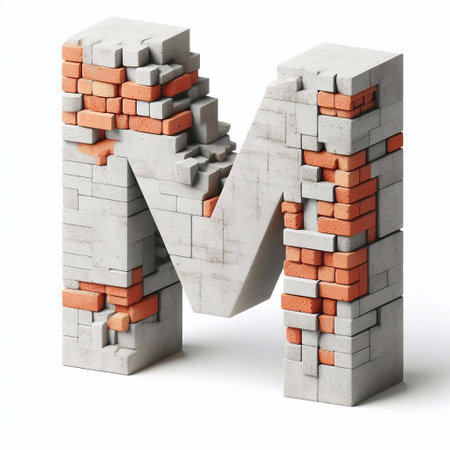 M letter shape created from concrete and briks. AI generated illustrationの素材