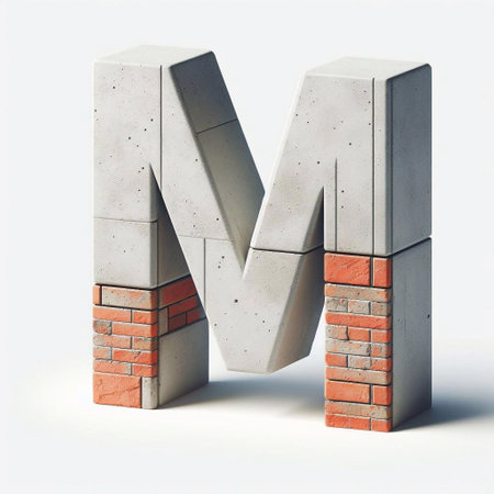 M letter shape created from concrete and briks. AI generated illustrationの素材