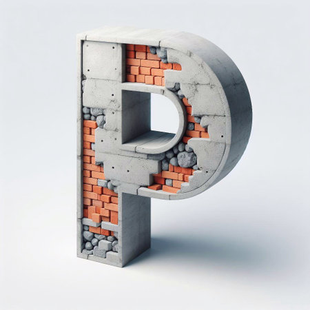 P letter shape created from concrete and briks. AI generated illustrationの素材