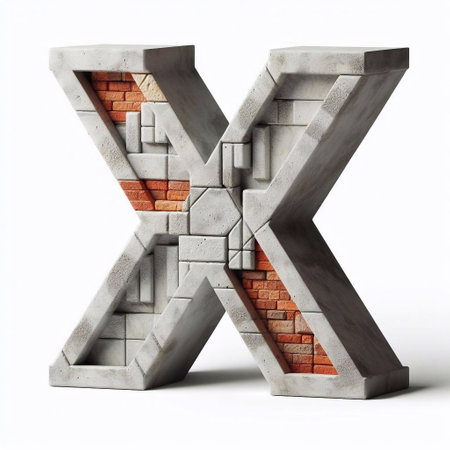 X letter shape created from concrete and briks. AI generated illustrationの素材
