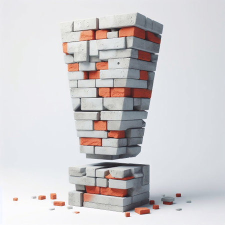 Exclamation mark shape created from concrete and briks. AI generated illustrationの素材